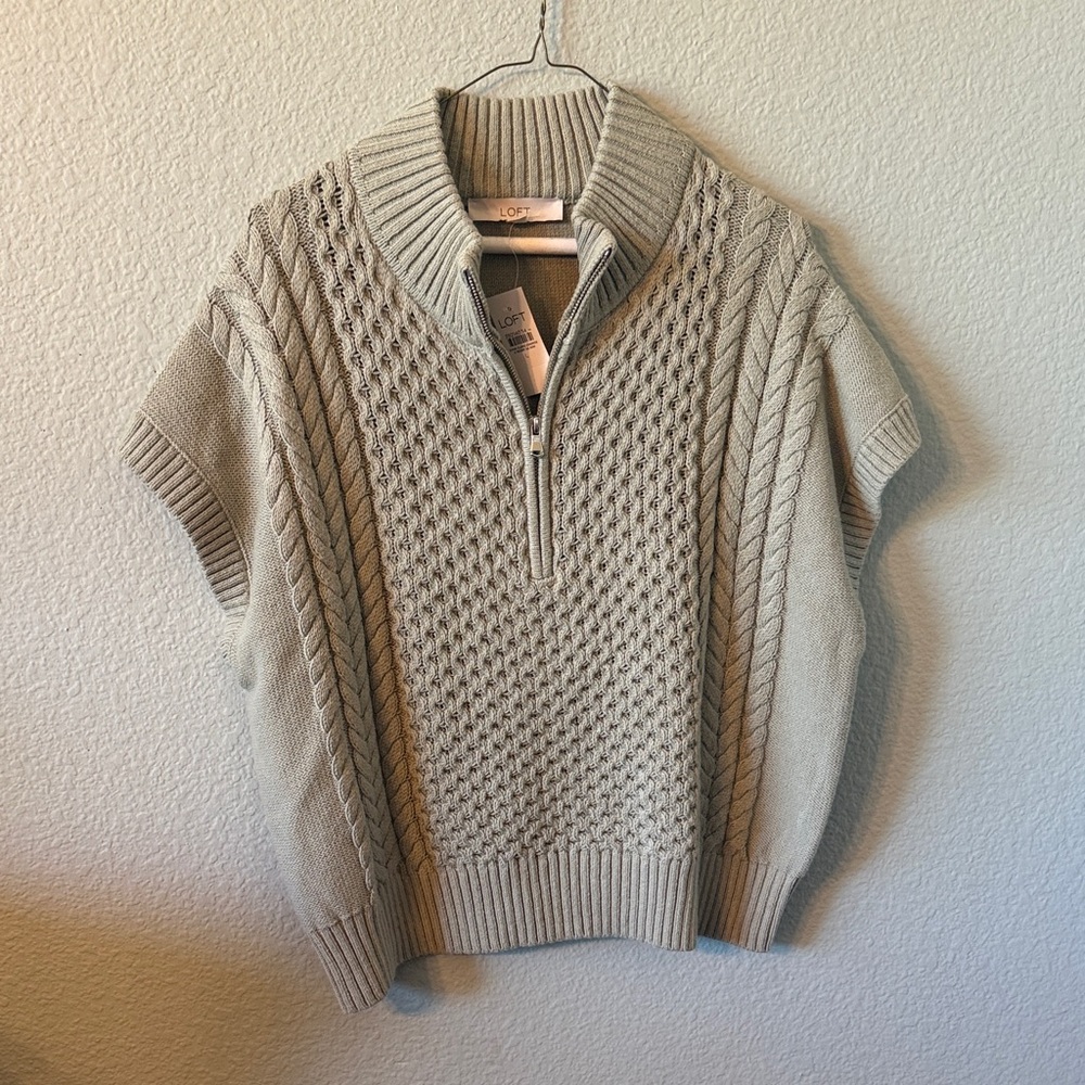 LOFT Cable Knit Short Sleeve Half-Zip Vest - Beige